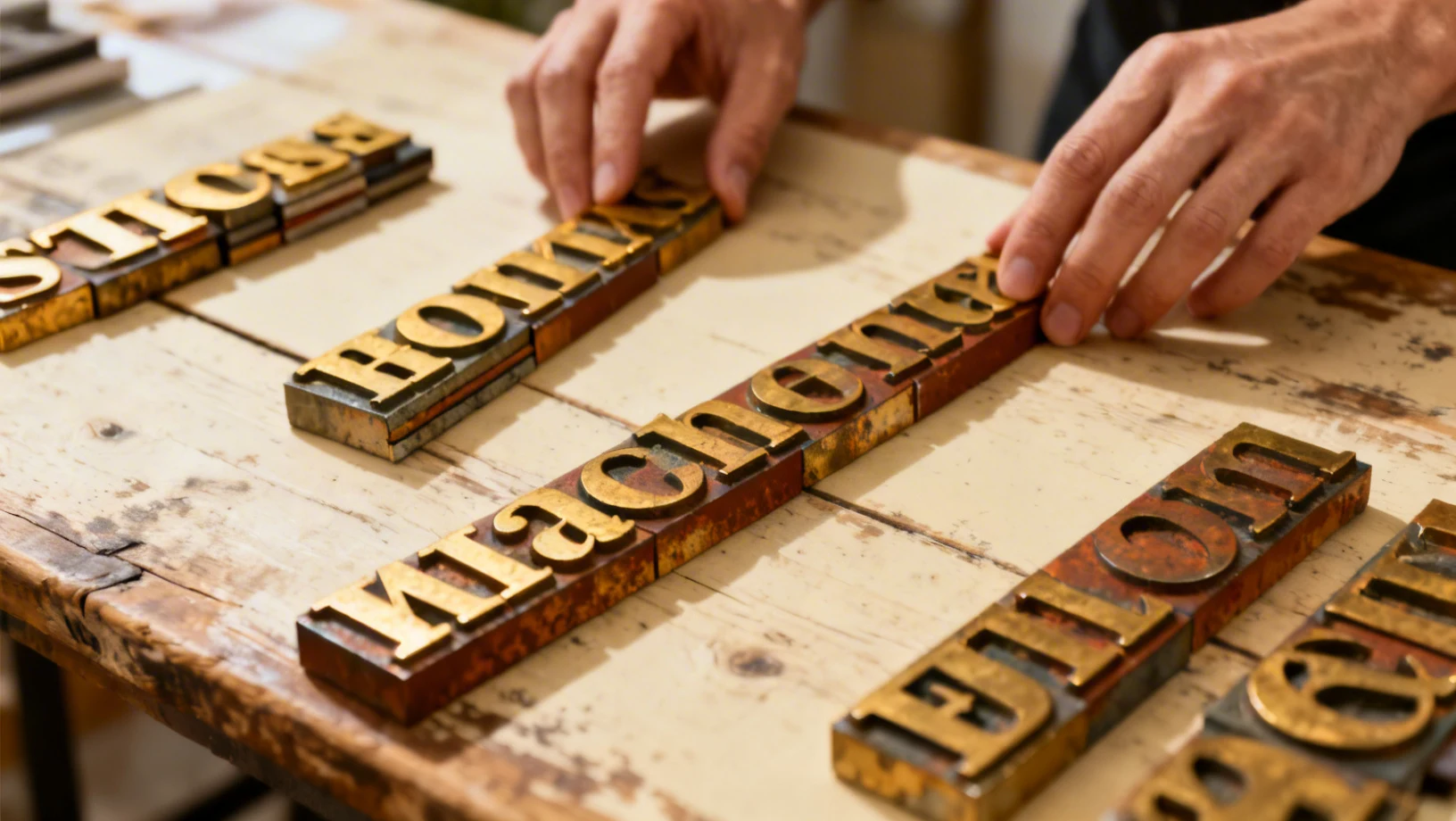 Processus créatif avec caractères typographiques sur une table en bois